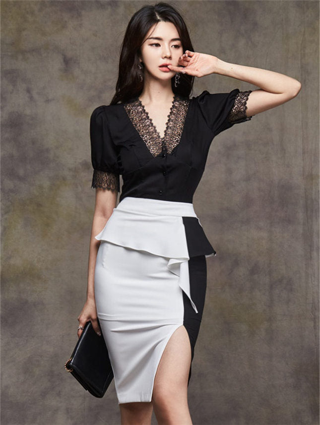 CM-SF011607 Women Elegant Seoul Style Lace V-Neck Blouse With Midi Skirt - Set