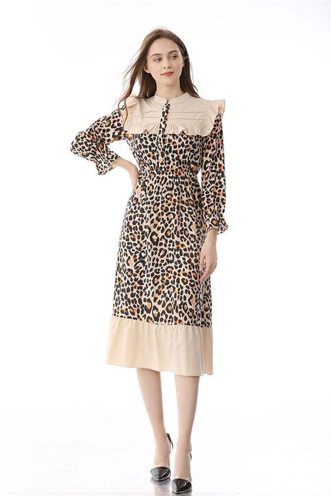 CM-DF020102 Women Retro Seoul Style Elastic Waist Flouncing Leopard Dress