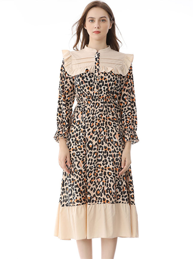 CM-DF020102 Women Retro Seoul Style Elastic Waist Flouncing Leopard Dress