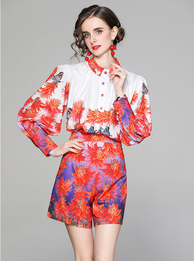 CM-SF021801 Women Retro European Style Floral Loosen Puff Sleeve Short Suit - Set