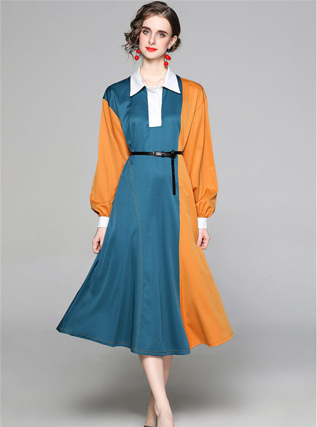 CM-DF022204 Women Casual European Style Color Block Shirt Collar Loosen Dress