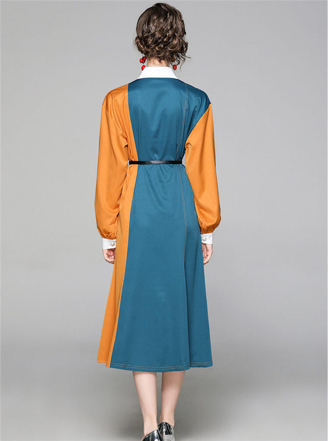 CM-DF022204 Women Casual European Style Color Block Shirt Collar Loosen Dress