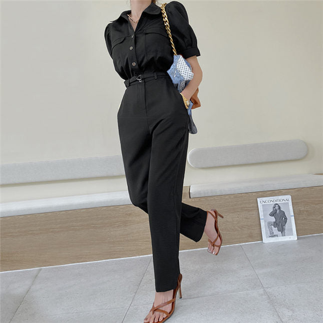 CM-JF030327 Women Casual Seoul Style High Waist Shirt Collar Slim Long Jumpsuit - Black