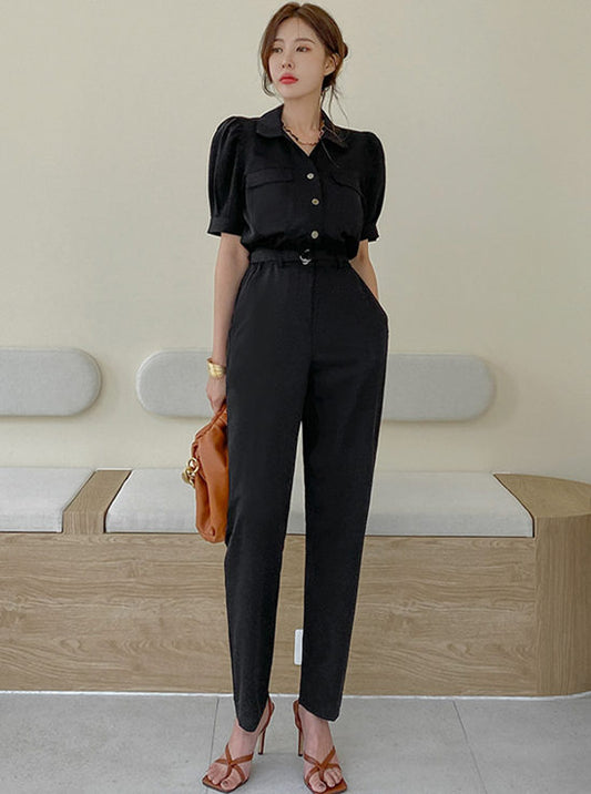 CM-JF030327 Women Casual Seoul Style High Waist Shirt Collar Slim Long Jumpsuit - Black