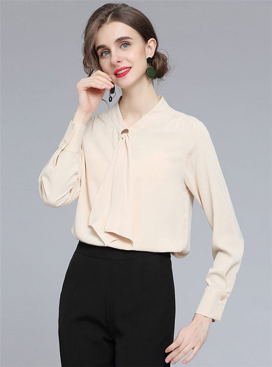 CM-TF031004 Women Casual European Style Tie Collar Chiffon Long Sleeve Blouse - Apricot