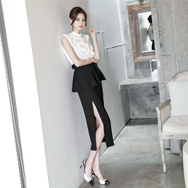 CM-SF031209 Women Elegant Seoul Style Flouncing Blouse With Split Long Skirt - Set