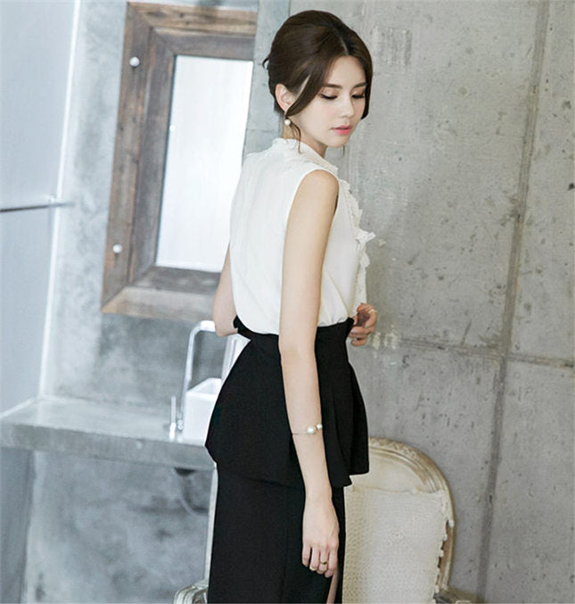 CM-SF031209 Women Elegant Seoul Style Flouncing Blouse With Split Long Skirt - Set