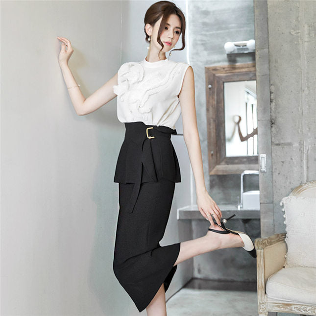 CM-SF031209 Women Elegant Seoul Style Flouncing Blouse With Split Long Skirt - Set