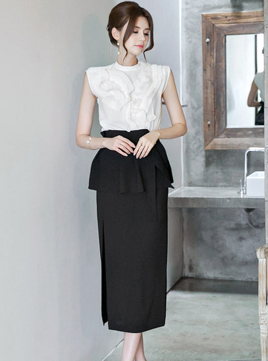 CM-SF031209 Women Elegant Seoul Style Flouncing Blouse With Split Long Skirt - Set
