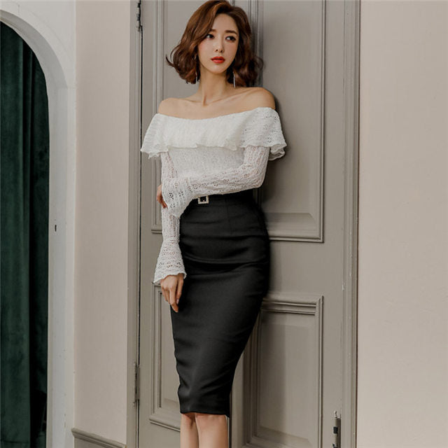 CM-SF031420 Women Elegant Seoul Style Lace Boat Neck Blouse With Slim Midi Skirt - Set