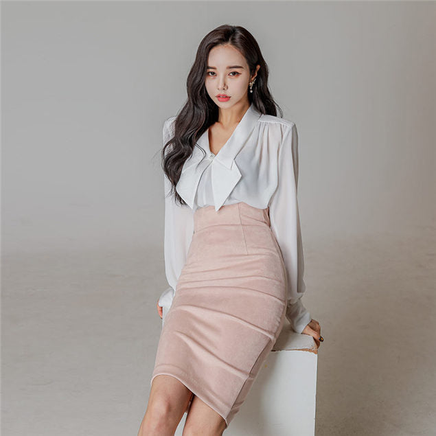 CM-SF031607 Women Elegant Seoul Style Bowknot V-Neck Blouse With High Waist Slim Skirt - Set