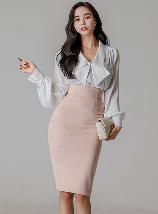 CM-SF031607 Women Elegant Seoul Style Bowknot V-Neck Blouse With High Waist Slim Skirt - Set
