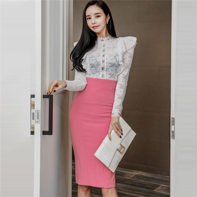 CM-SF032011 Women Elegant Seoul Style Flouncing Lace Blouse With High Waist Slim Skirt - Set