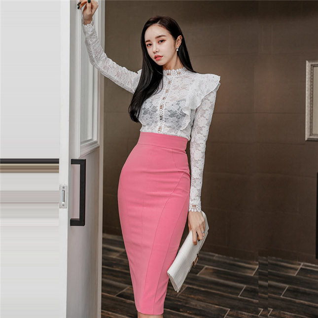 CM-SF032011 Women Elegant Seoul Style Flouncing Lace Blouse With High Waist Slim Skirt - Set