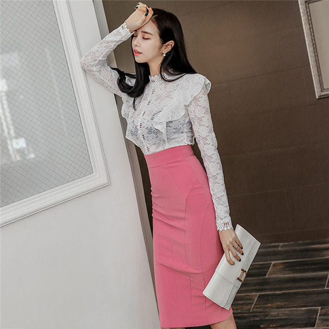 CM-SF032011 Women Elegant Seoul Style Flouncing Lace Blouse With High Waist Slim Skirt - Set