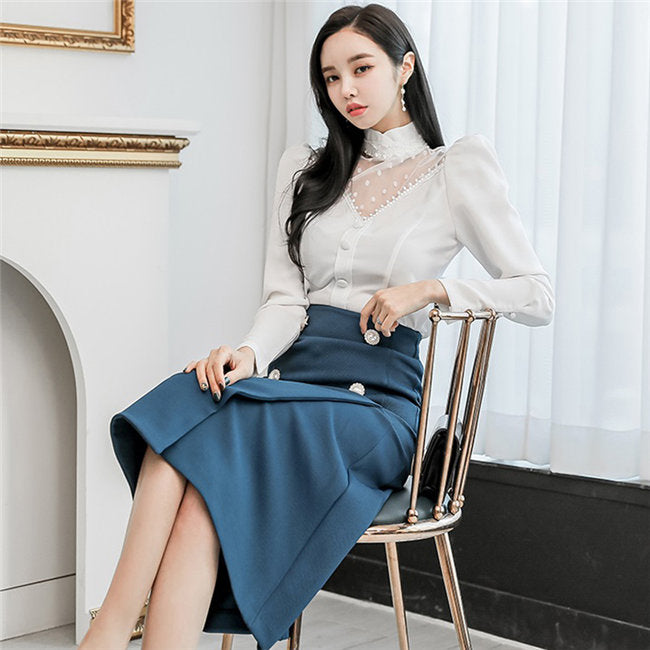 CM-SF032012 Women Elegant Seoul Style Long Sleeve Blouse With High Waist Midi Skirt - Set