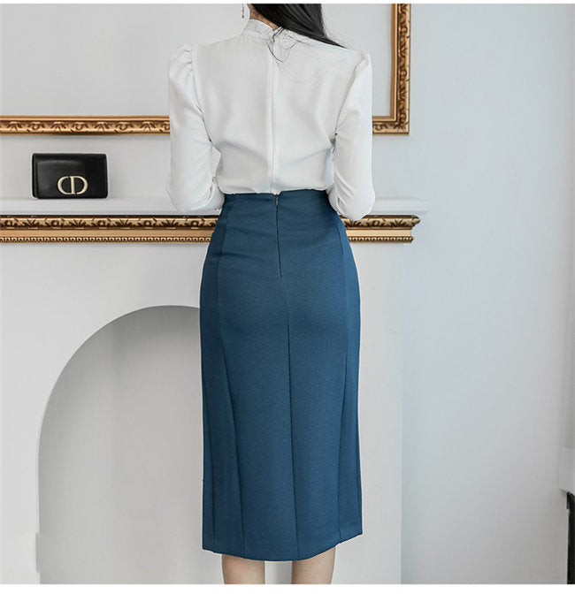 CM-SF032012 Women Elegant Seoul Style Long Sleeve Blouse With High Waist Midi Skirt - Set