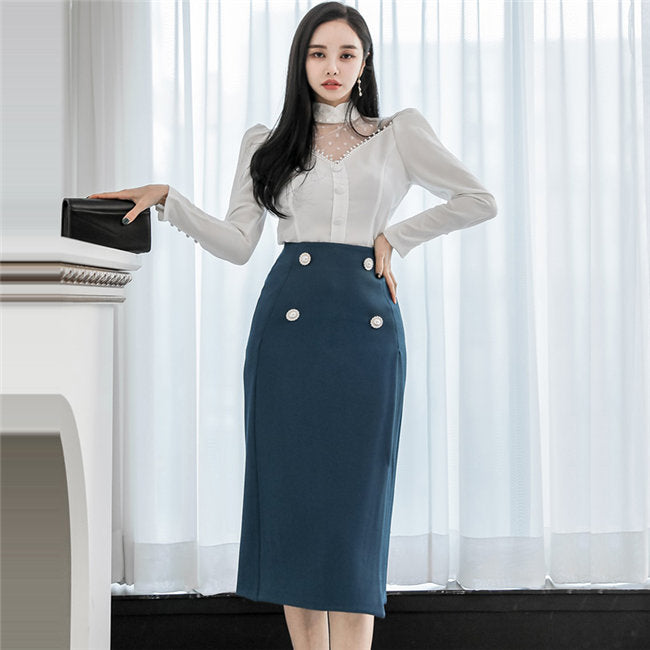 CM-SF032012 Women Elegant Seoul Style Long Sleeve Blouse With High Waist Midi Skirt - Set