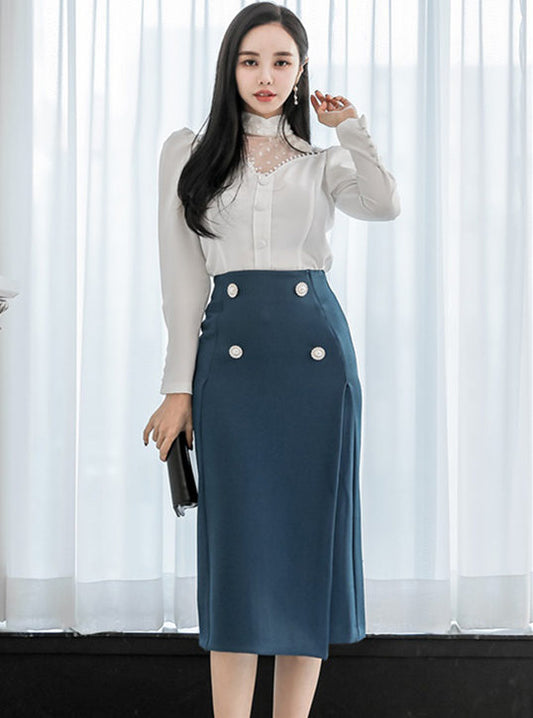 CM-SF032012 Women Elegant Seoul Style Long Sleeve Blouse With High Waist Midi Skirt - Set