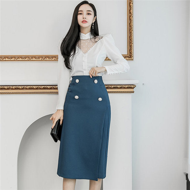 CM-SF032012 Women Elegant Seoul Style Long Sleeve Blouse With High Waist Midi Skirt - Set