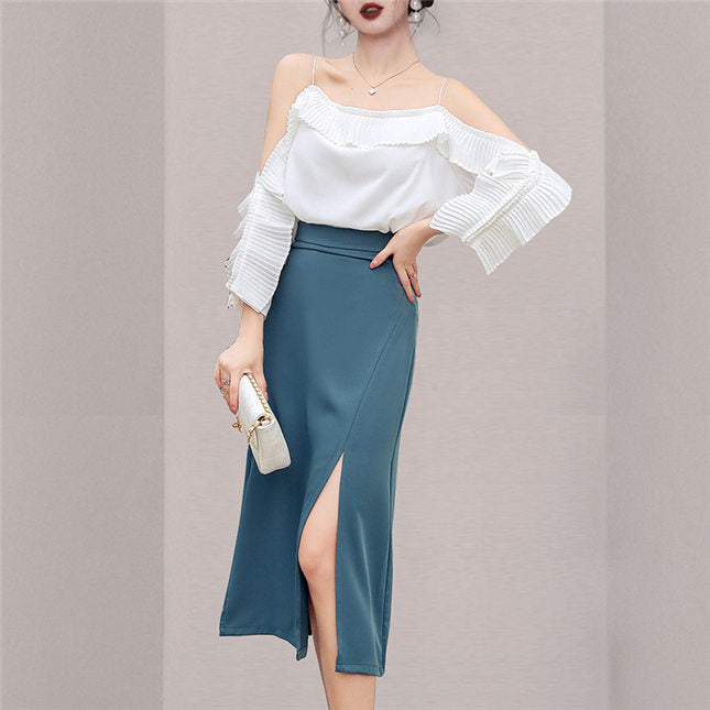 CM-SF032202 Women Casual Seoul Style Off Shoulder Pleated Blouse With Split Long Skirt - Set