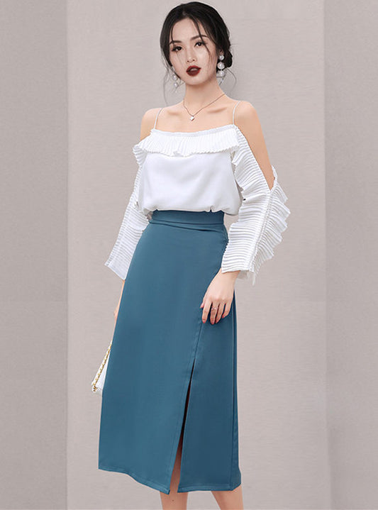 CM-SF032202 Women Casual Seoul Style Off Shoulder Pleated Blouse With Split Long Skirt - Set