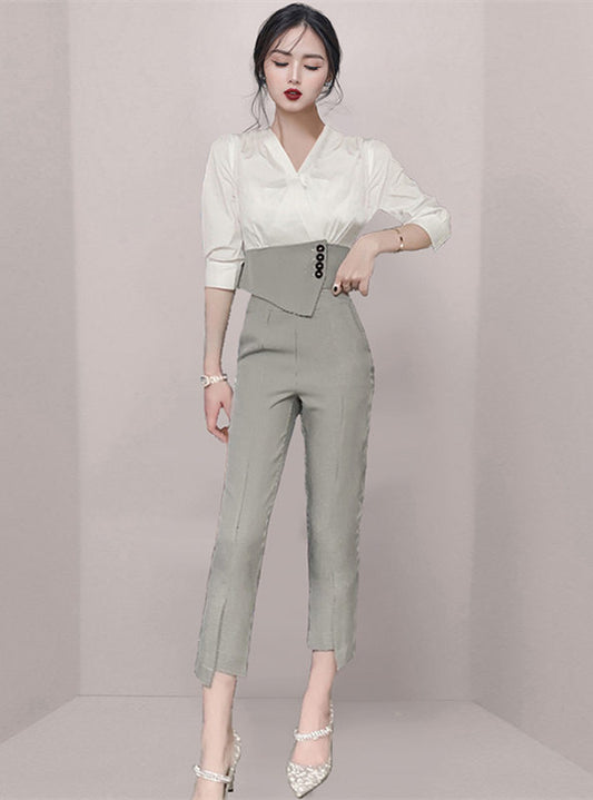 CM-SF032902 Women Elegant Seoul Style V-Neck Blouse With Houndstooth Skinny Pants - Set