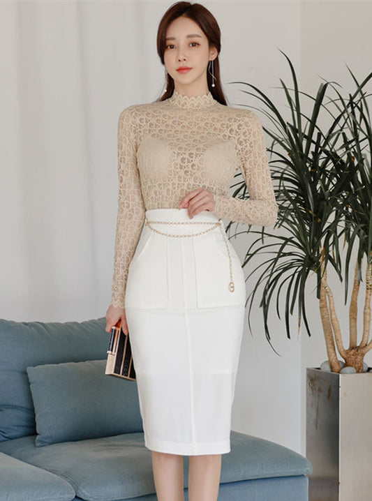 CM-SF032918 Women Elegant Seoul Style Lace Blouse With Fitted Waist Midi Skirt - Set