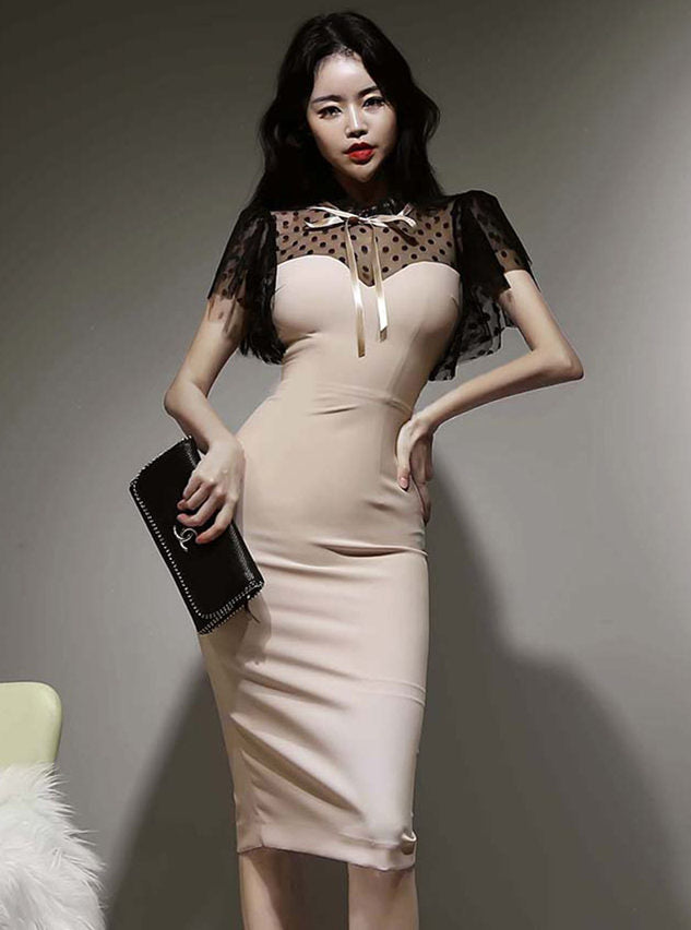 CM-DF033120 Women Retro Seoul Style Gauze Dots Splicing Skinny Dress - Apricot