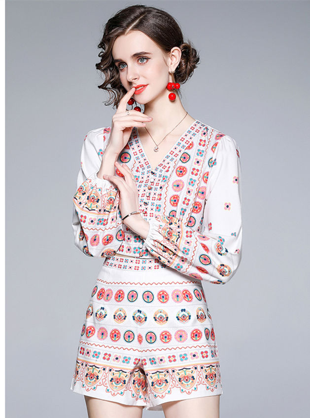 CM-SF040202 Women Retro European Style V-Neck Floral Single-Breasted Short Suits - Set