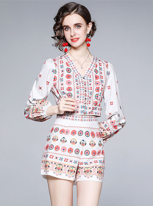 CM-SF040202 Women Retro European Style V-Neck Floral Single-Breasted Short Suits - Set