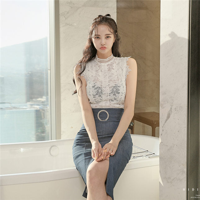 CM-SF040311 Women Elegant Seoul Style Lace Camisole With High Waist Split Skirt - Set