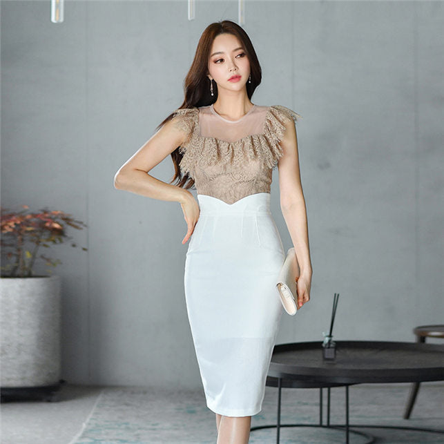 CM-SF040312 Women Elegant Seoul Style Flouncing Lace Blouse With High Waist Midi Skirt - Set