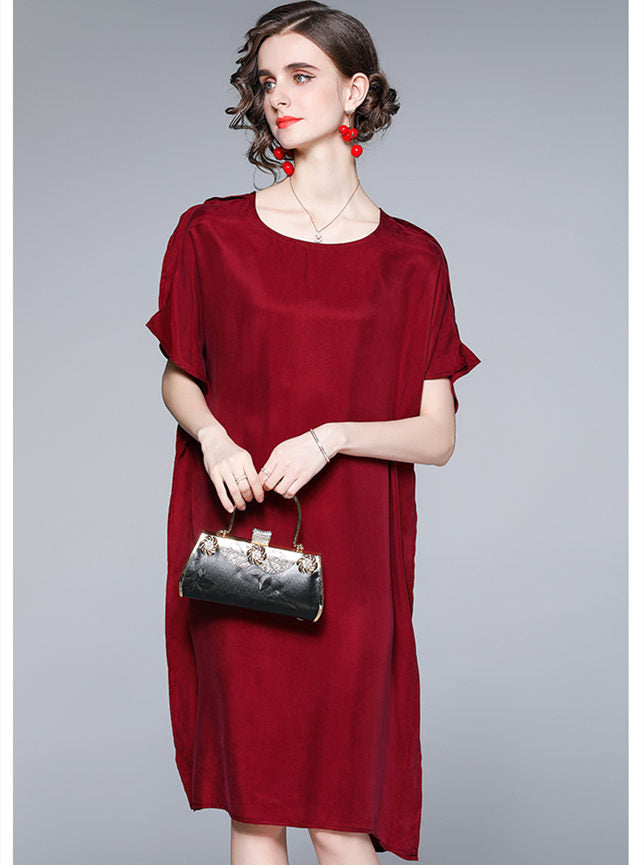 CM-DF040318 Women Casual European Style Batwing Short Sleeve Loosen Silk Dress - Wine Red