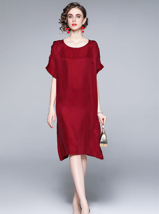 CM-DF040318 Women Casual European Style Batwing Short Sleeve Loosen Silk Dress - Wine Red