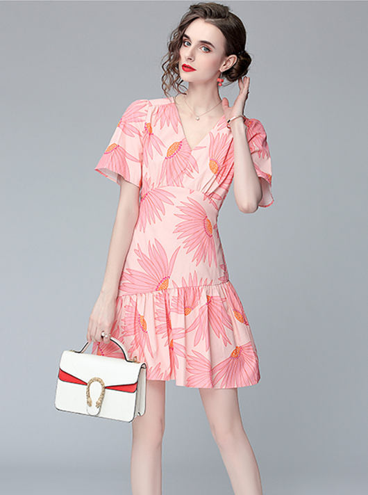 CM-DF040403 Women Casual European Style V-Neck Flare Sleeve Fishtail Dress - Pink