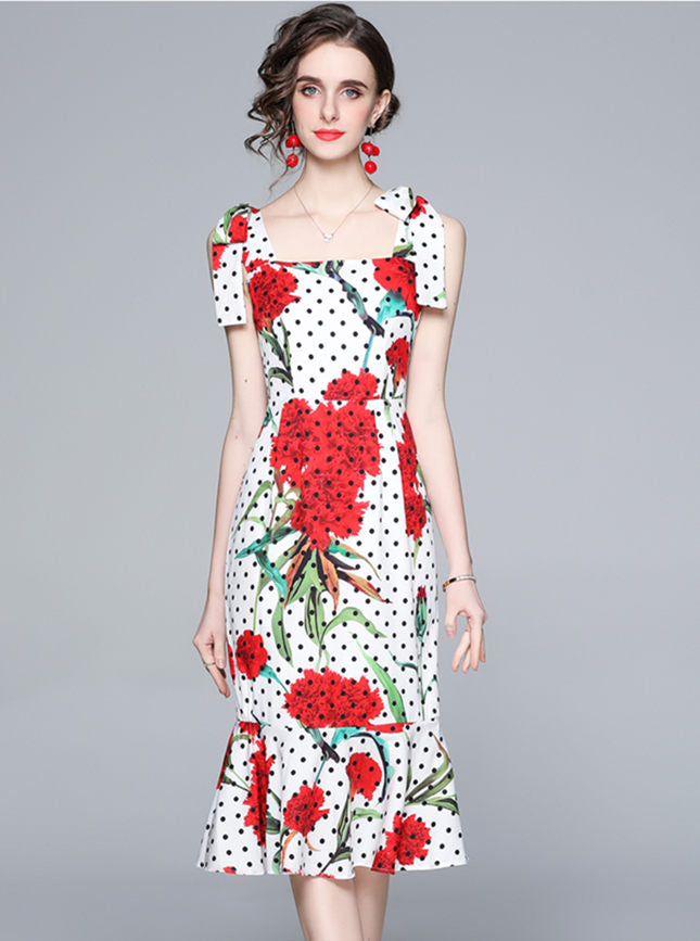 CM-DF040420 Women Elegant European Style Tie Straps Dots Floral Slim Fishtail Dress