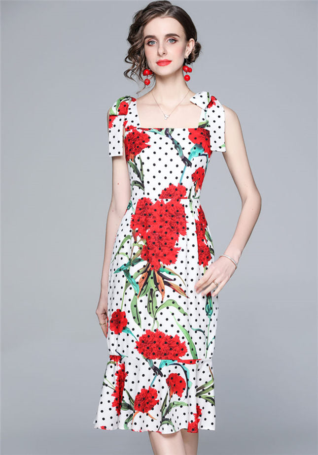 CM-DF040420 Women Elegant European Style Tie Straps Dots Floral Slim Fishtail Dress