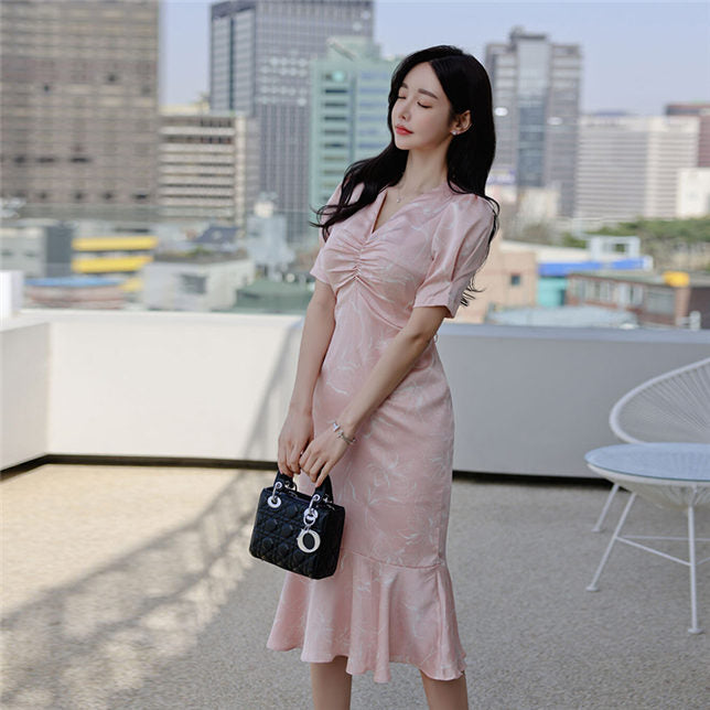 CM-DF040507 Women Casual Seoul Style Pleated V-Neck Tie Waist Fishtail Dress - Pink