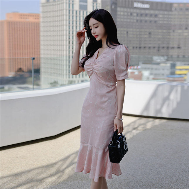 CM-DF040507 Women Casual Seoul Style Pleated V-Neck Tie Waist Fishtail Dress - Pink