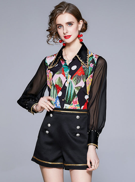CM-SF040608 Women Retro European Style Beads Shirt Collar Double-Breasted With Shorts - Set