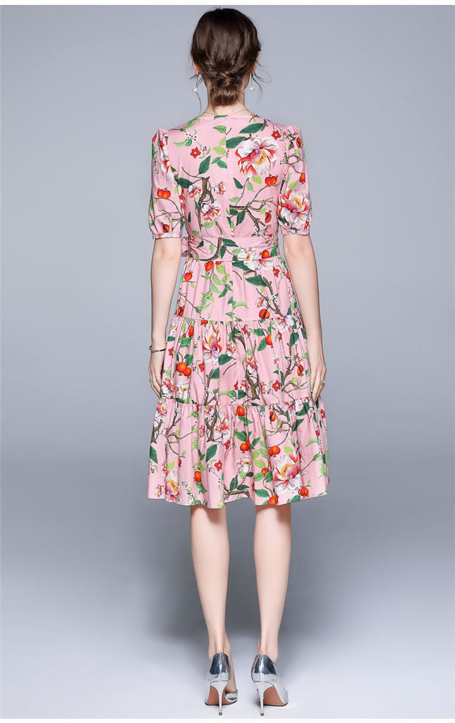CM-DF040723 Women Elegant European Style Tie Waist Floral Fishtail A-Line Dress