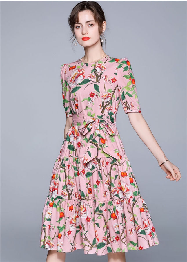 CM-DF040723 Women Elegant European Style Tie Waist Floral Fishtail A-Line Dress