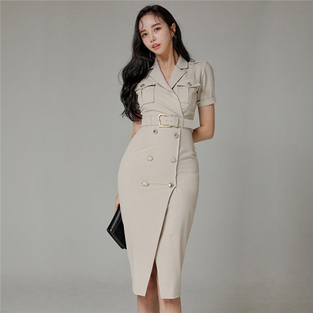 CM-DF040804 Women Elegant Seoul Style Double-Breasted Tailored Collar Bodycon Dress