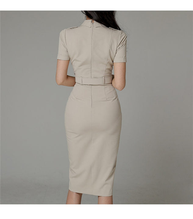 CM-DF040804 Women Elegant Seoul Style Double-Breasted Tailored Collar Bodycon Dress