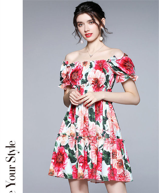 CM-DF041104 Women Charming European Style Boat Neck Puff Sleeve Floral Dress - Red