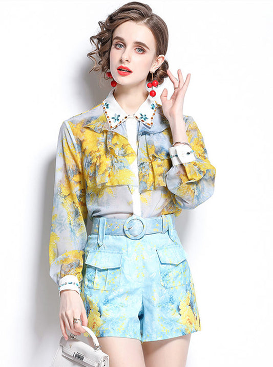 CM-SF041110 Women Elegant European Style Beads Rhinestones Floral Blouse With Short Pants - Set