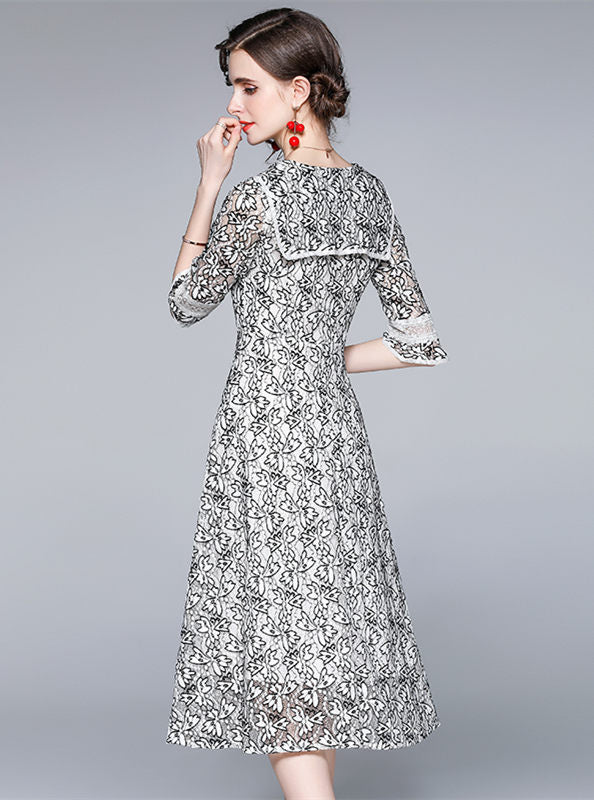 CM-DF041119 Women Elegant European Style Square Collar Lace Floral A-Line Dress