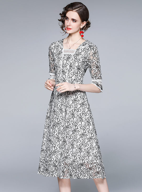 CM-DF041119 Women Elegant European Style Square Collar Lace Floral A-Line Dress
