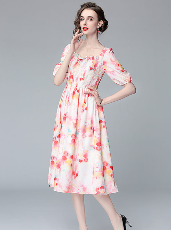 CM-DF041212 Women Lovely European Style Stretchable Square Collar Puff Sleeve Dress - Pink